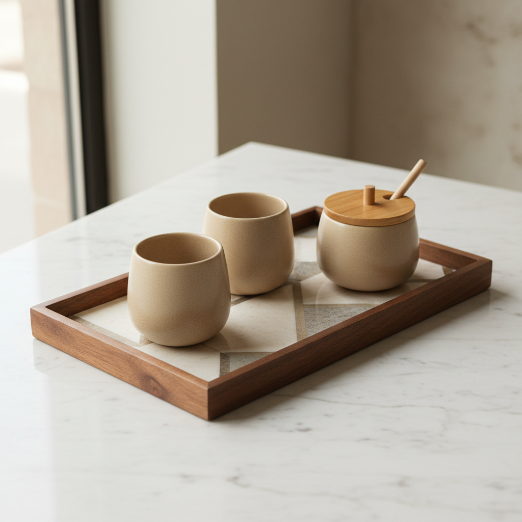 Marble & Walnut Tea Tray — Hero Shot