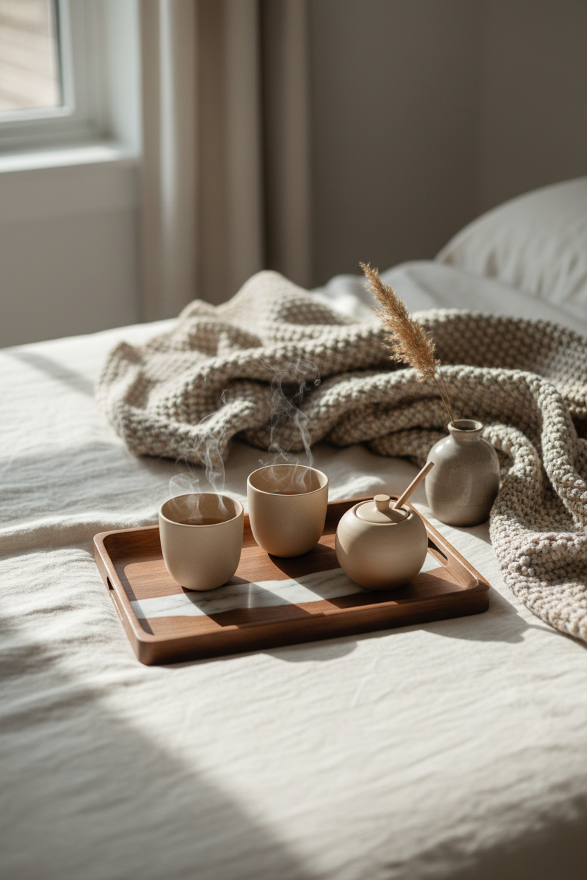Marble & Walnut Tea Tray — Lifestyle Shot